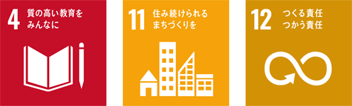 SDGsアイコン「4.質の高い教育をみんなに」「11.住み続けられるまちづくりを」「12.つくる責任 つかう責任」