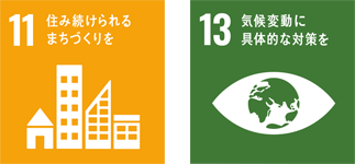 SDGsアイコン「11.住み続けられるまちづくりを」「13.気候変動に具体的な対策を」