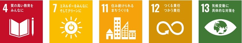 SDGsアイコン「4.質の高い教育をみんなに」「7.エネルギーをみんなにそしてクリーンに」「11.住み続けられるまちづくりを」「12.つくる責任 つかう責任」「13.気候変動に具体的な対策を」