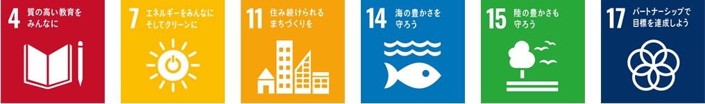 SDGsアイコン「4.質の高い教育をみんなに」「7.エネルギーをみんなにそしてクリーンに」「11.住み続けられるまちづくりを」「14.海の豊かさを守ろう」「15.陸の豊かさも守ろう」「17.パートナーシップで目標を達成しよう」