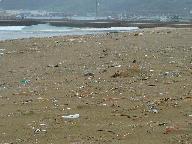 古浦海岸・漂着ごみ回収作業前の海岸の様子